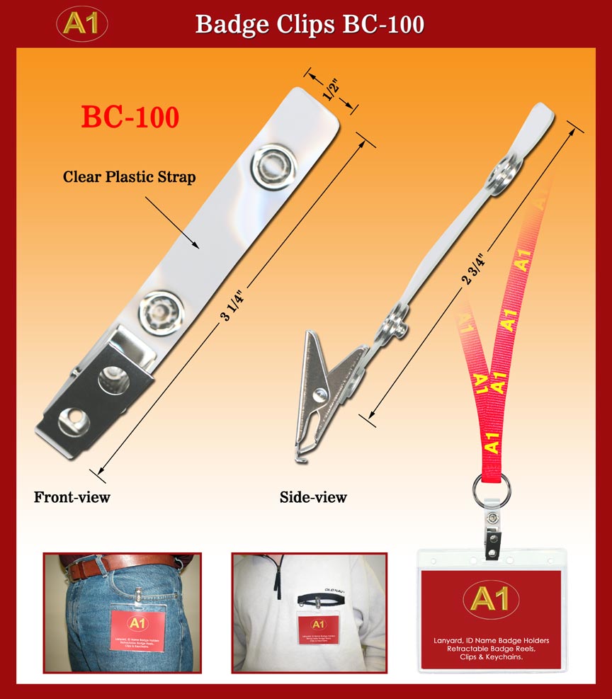 BC-100 Clear Plastic Badge Straps with Badge Clips(Bulldog Clips)