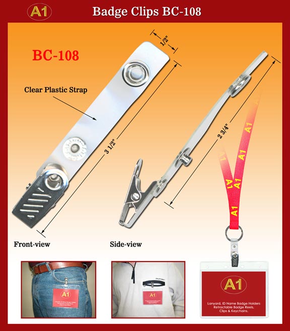 BC-108 Clear Plastic Badge Straps with Badge Clips and Snap Buttons